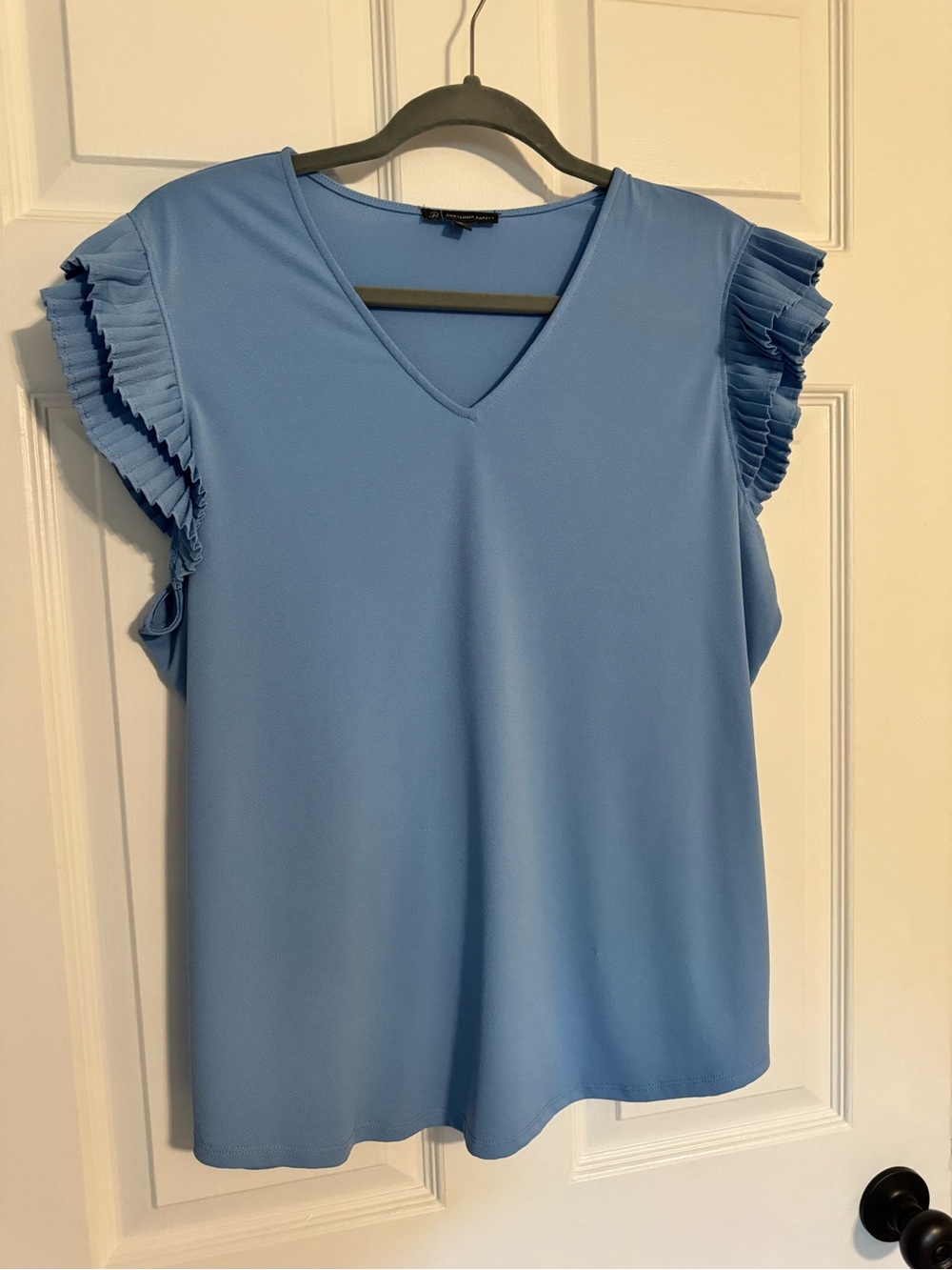 Adrianna Papell Blue V-Neck Pleated Ruffle Sleeve Top